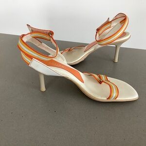 Kenneth Cole Reaction, White/Orange/Blue Striped Heeled Strappy Sandals, Size 8